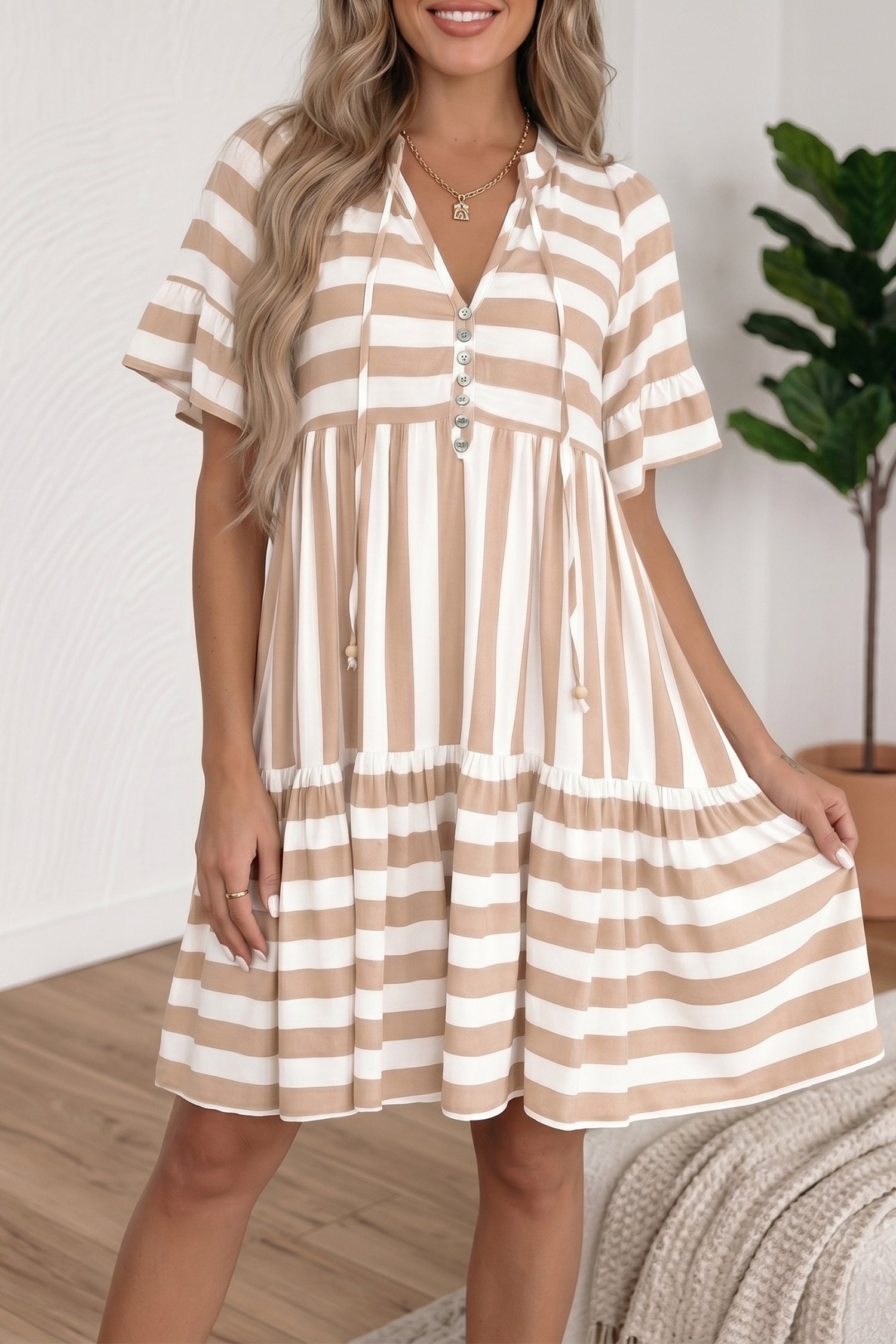 Khaki Stripe Tie V Neck Ruffle Trim Short Sleeve Flared Summer Dress 🇺🇸