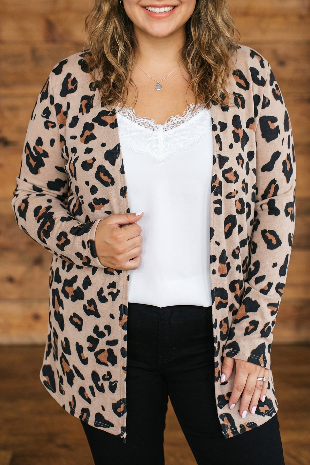 Khaki Leopard Print Long Sleeve V Neck Tunic Plus Size Cardigan 🇺🇸