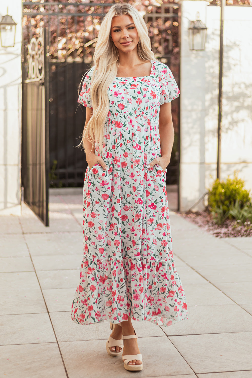 Pink Floral Puff Sleeve Square Neck Empire Waist Tiered Maxi Dress 🇨🇳