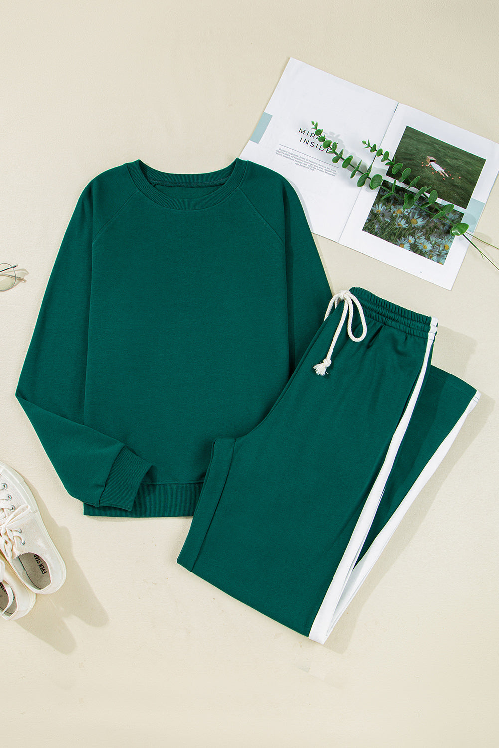 Sea Green Solid Color Pullover Top Varsity Stripe Detail Loose Drawstring Pants Set 🇺🇸