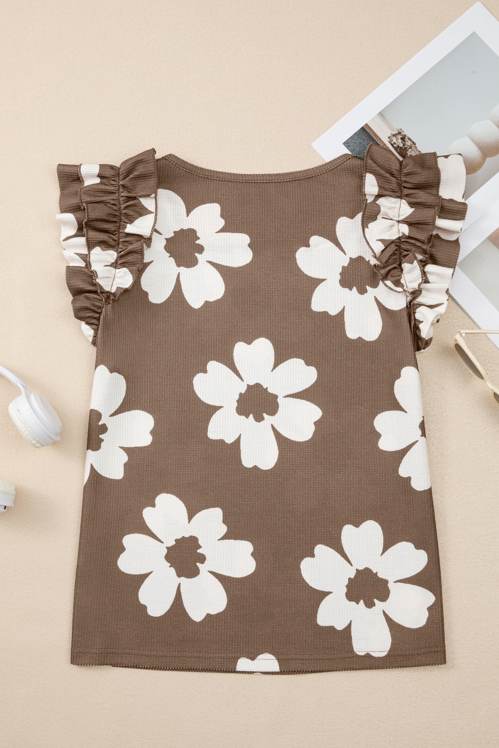 Brown Floral Textured Ruffled Short Sleeve Square Neck Blouse 🇺🇲