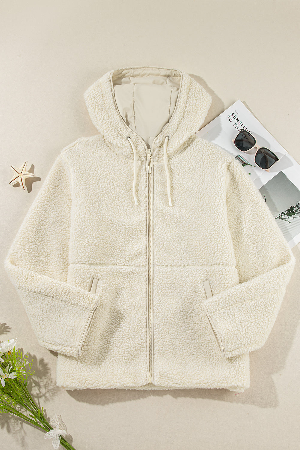 Beige Fleece Zip Up Drawstring Hooded Pocketed Jacket 🇺🇸