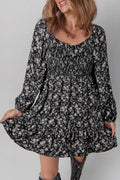 Black Floral Long Sleeve Frilly Shirred Square Neck Mini Dress 🇺🇸