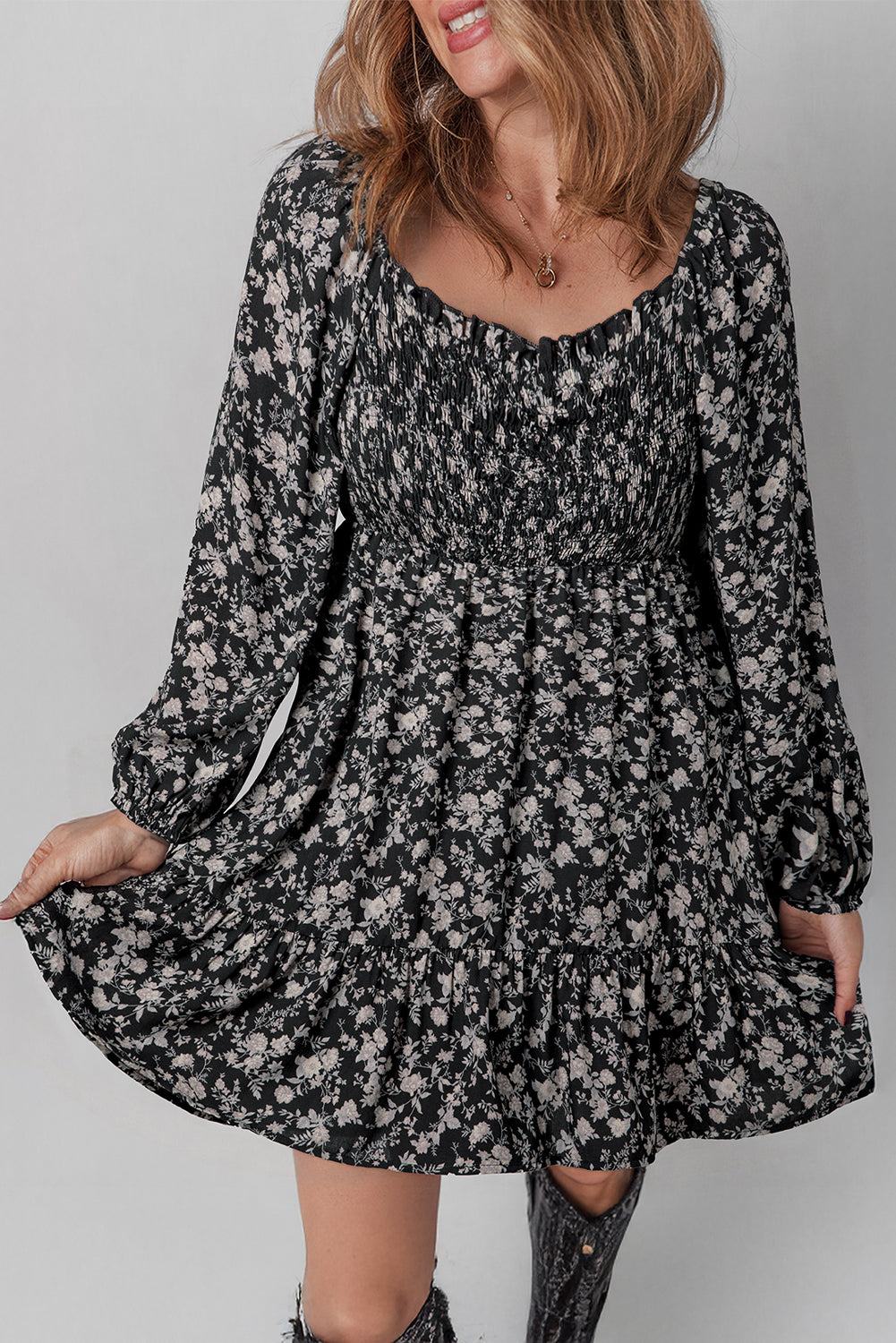 Black Floral Long Sleeve Frilly Shirred Square Neck Mini Dress 🇺🇸