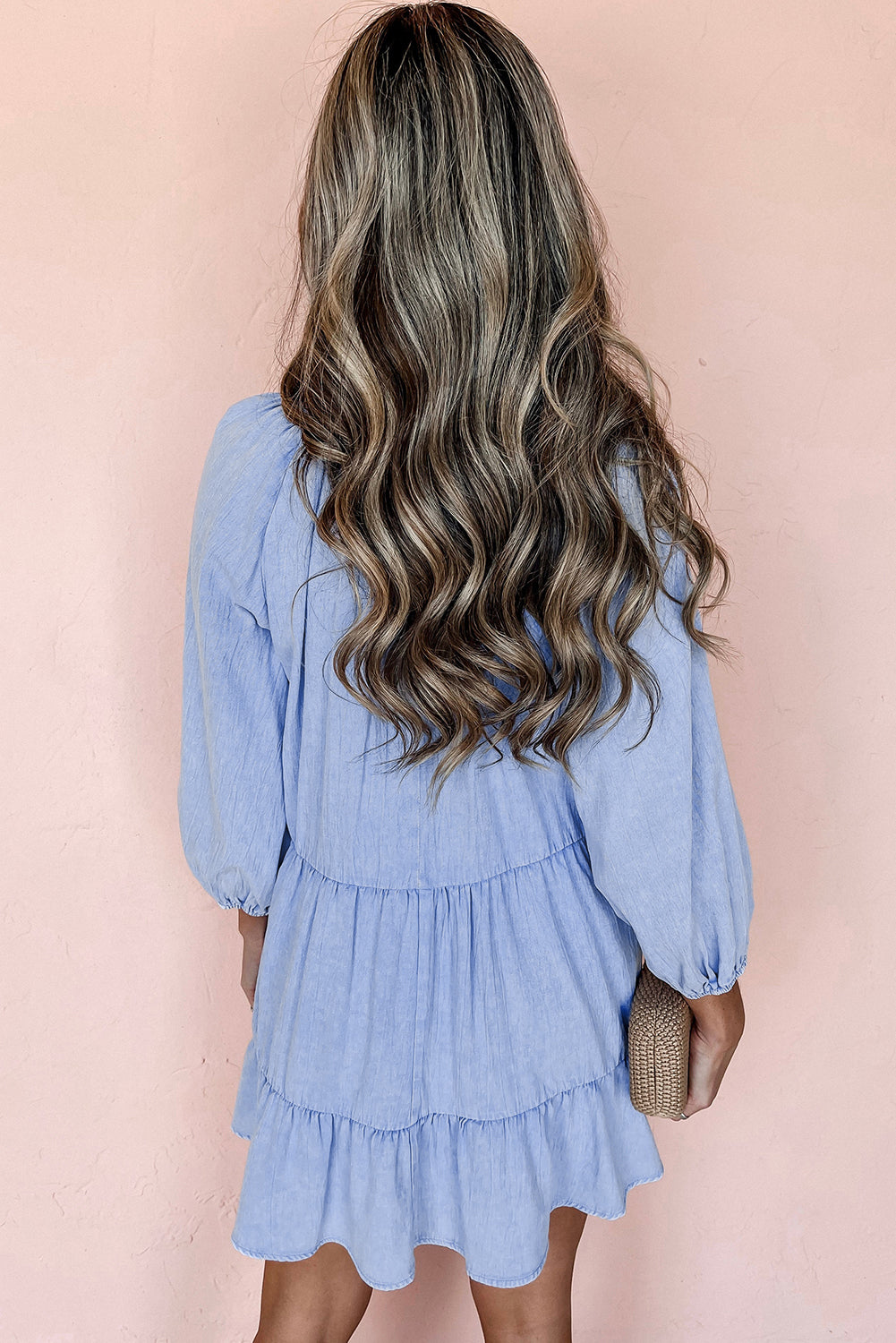 Beau Blue Puff Sleeve V Neck Tiered Ruffled Chambray Mini Dress 🇨🇳