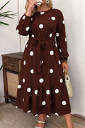 Brown Polka Dot Ruffled Hem Long Sleeve Tie Waist Plus Size Dress 🇺🇸