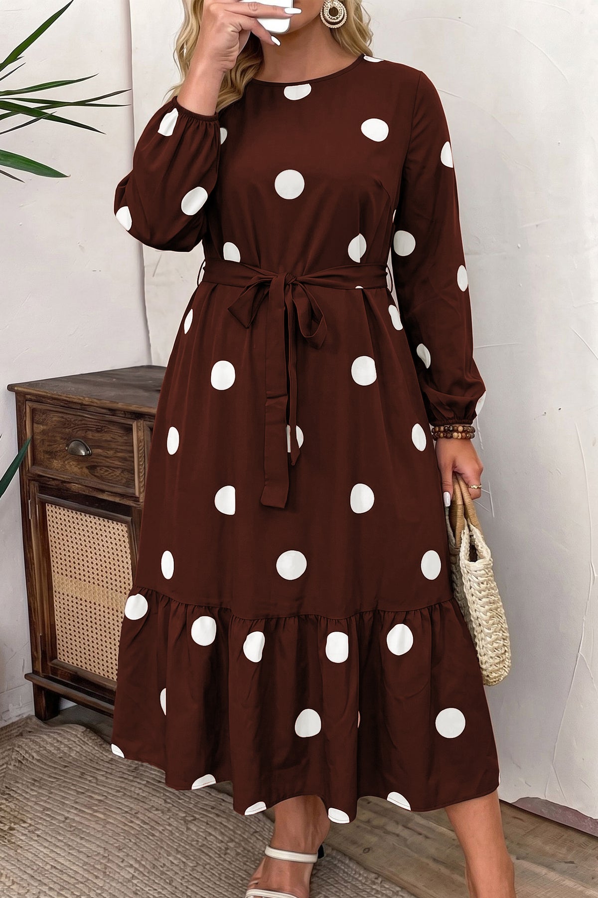 Brown Polka Dot Ruffled Hem Long Sleeve Tie Waist Plus Size Dress 🇺🇸