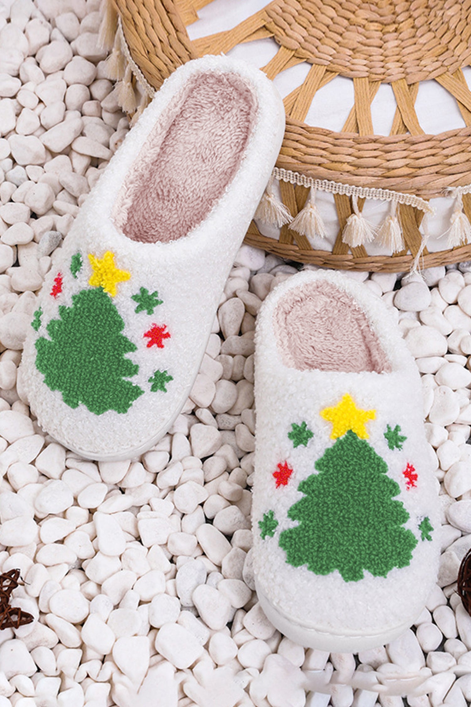 White Fuzzy Christmas Tree Pattern Home Slippers🇺🇸