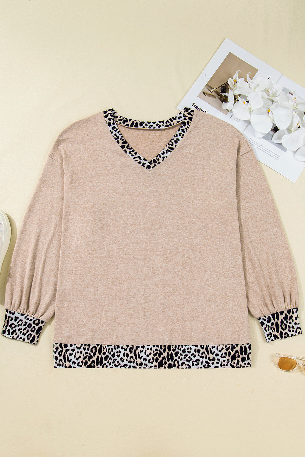 Parchment Leopard Patchwork V Neck Long Sleeve Plus Size Top 🇺🇸