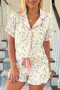 White Floral Print Contrast Pipping Short Pajamas Set 🇨🇳