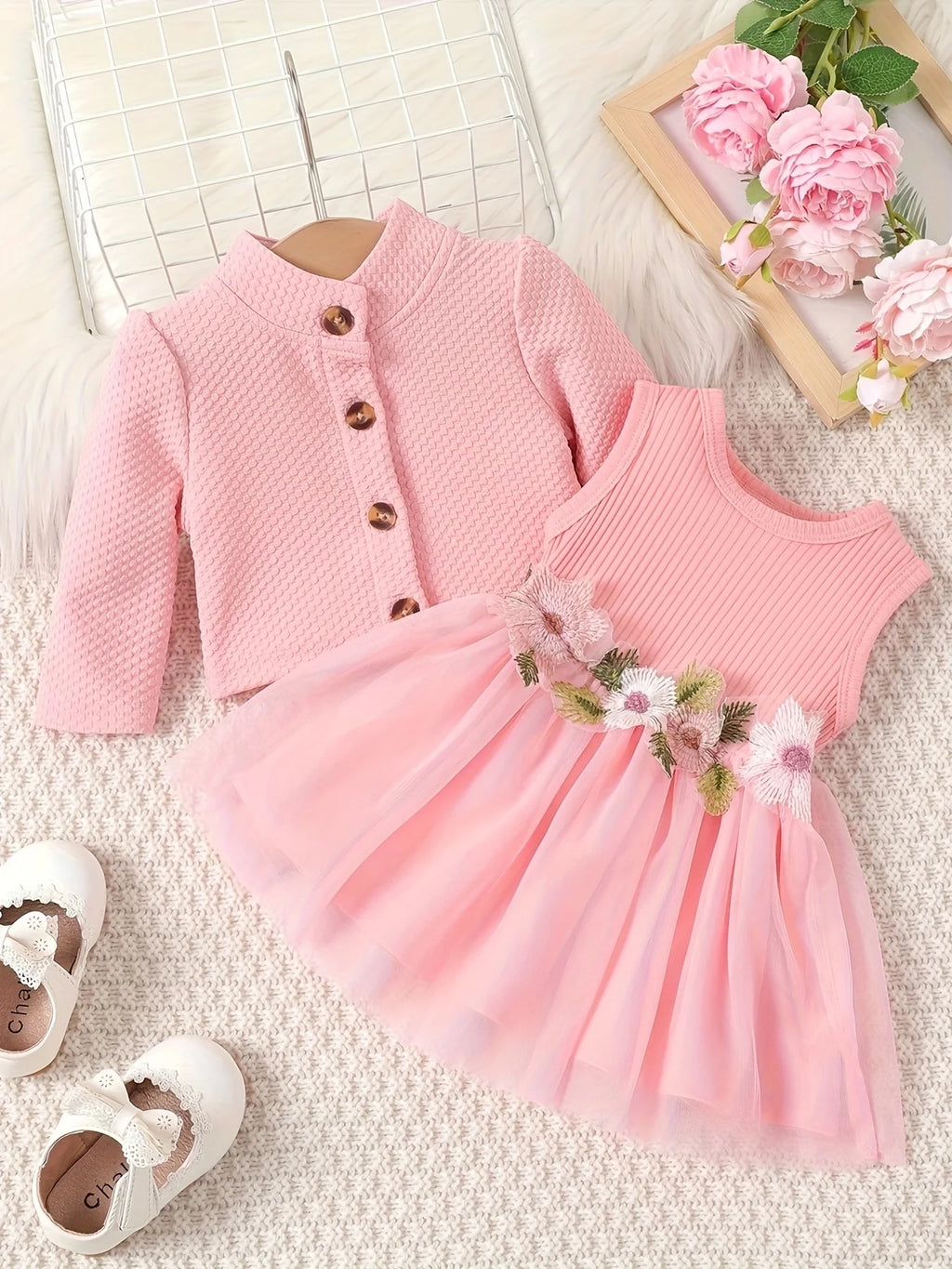 Baby girl waist flower design vest spliced mesh dress and jacket/Cardigan 🇨🇳