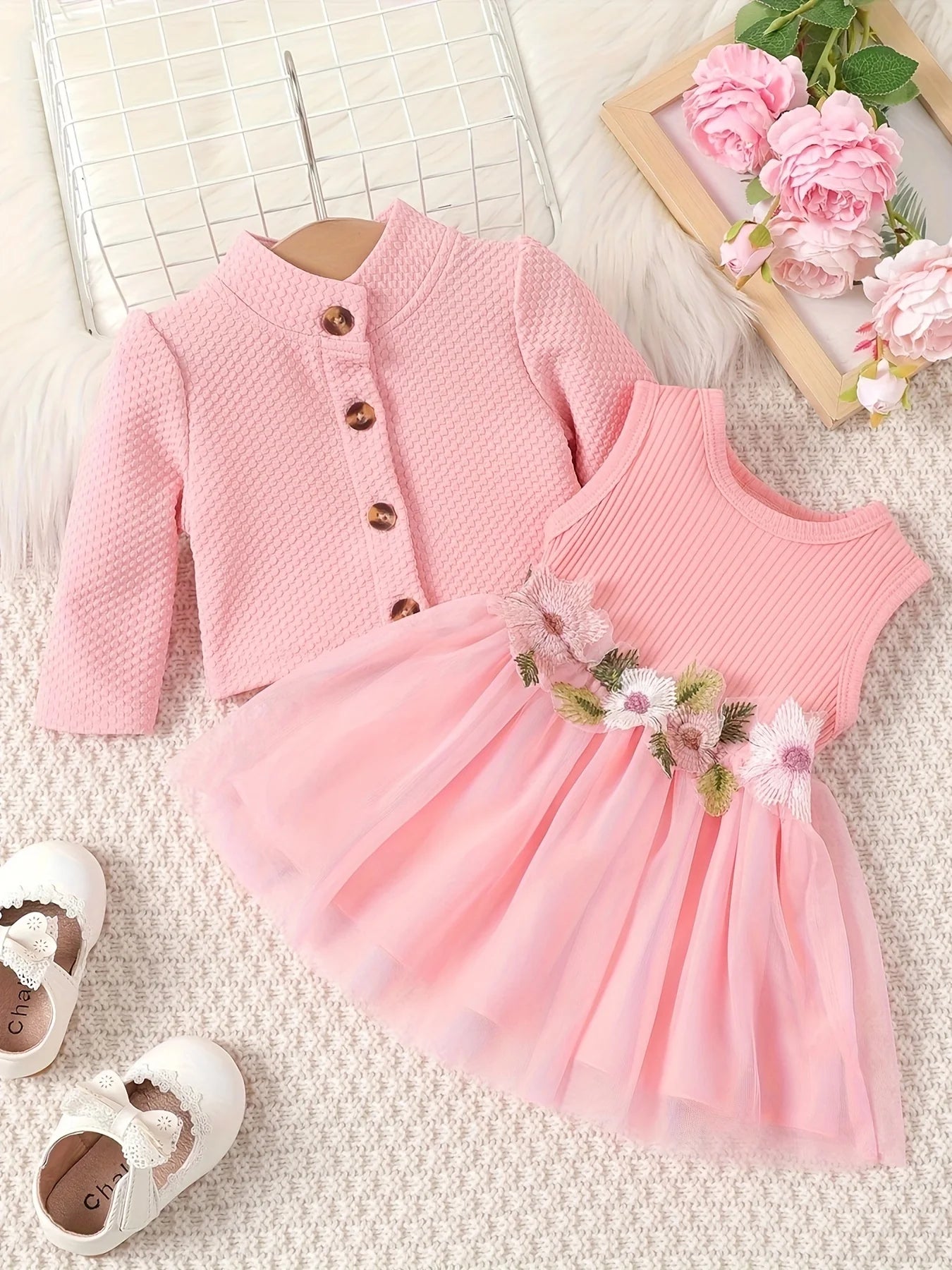 Baby girl waist flower design vest spliced mesh dress and jacket/Cardigan 🇨🇳
