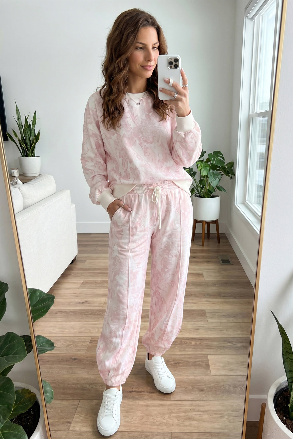 Pink Abstract Print Drop Shoulder Drawstring Waist Drawstring Hem Pant Set 🇺🇸