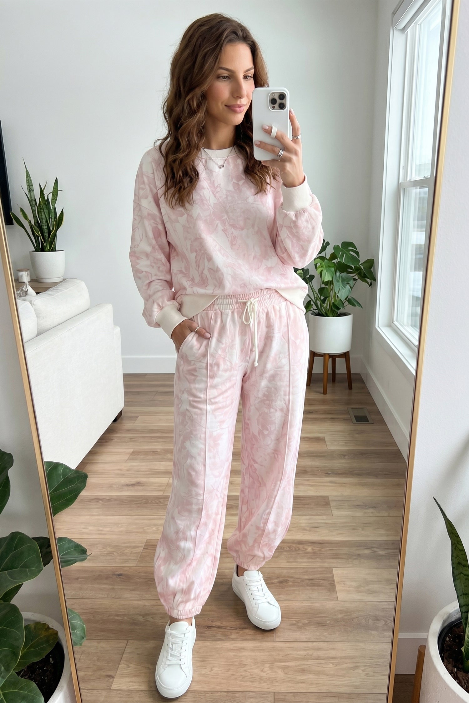 Pink Abstract Print Drop Shoulder Drawstring Waist Drawstring Hem Pant Set 🇺🇸