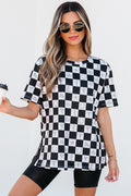 Black Western Fashion Checkerboard Print Side Split T Shirt 🇨🇳