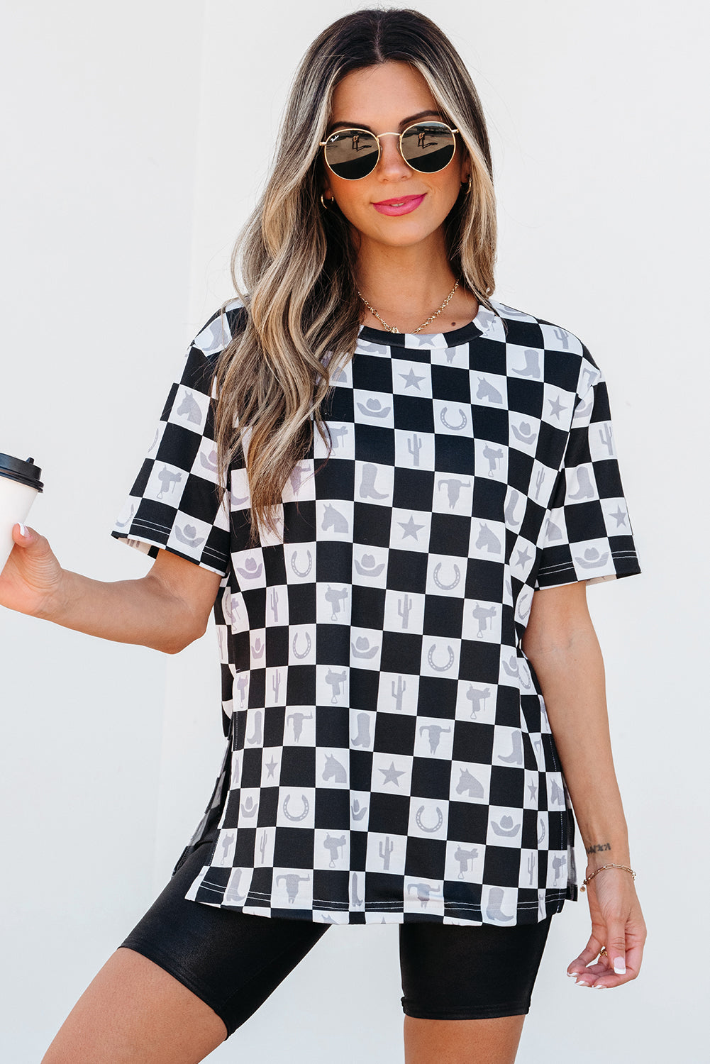 Black Western Fashion Checkerboard Print Side Split T Shirt 🇨🇳