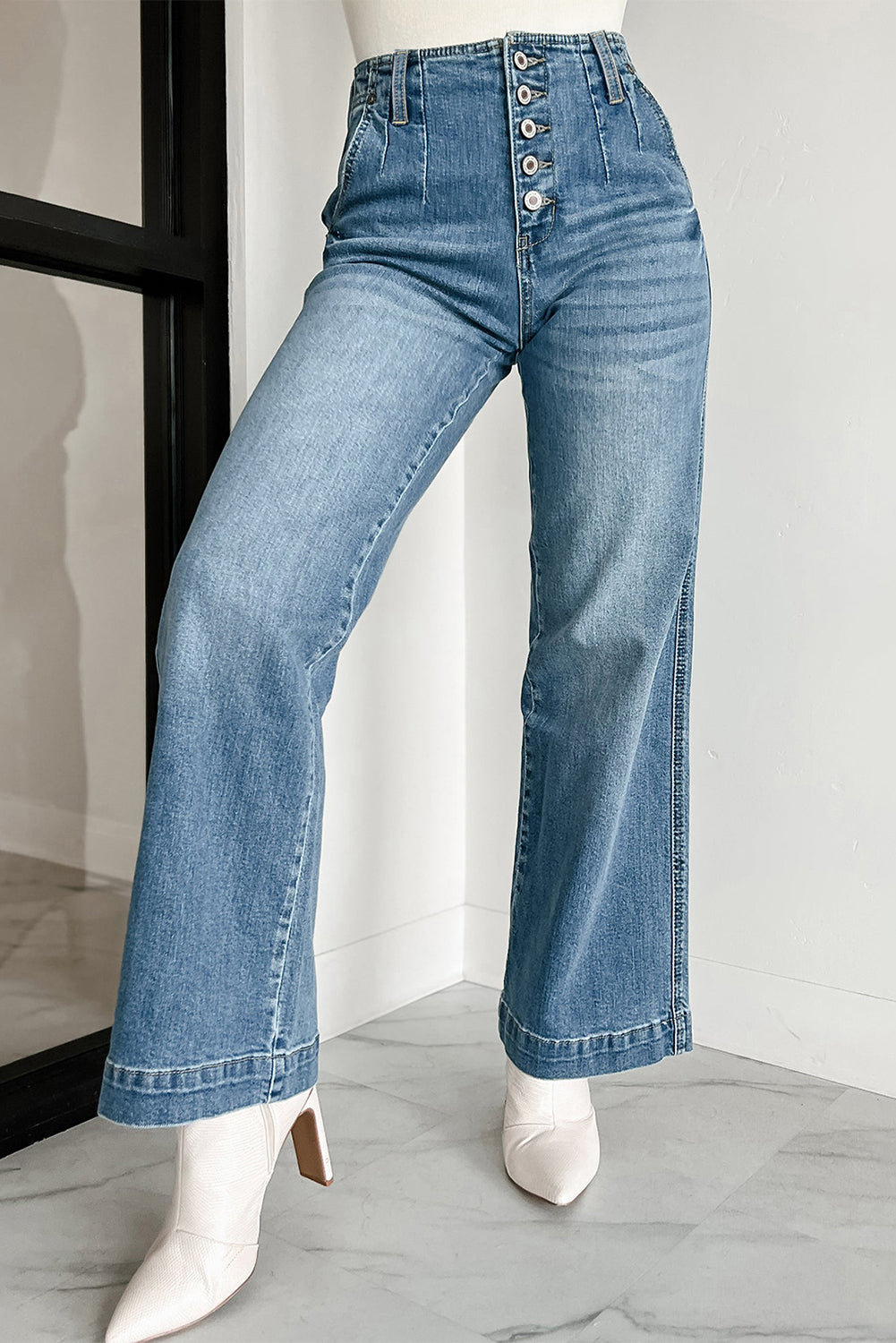 Dusk Blue Multi Buttons Medium Wash Straight Loose Leg Jeans 🇨🇳