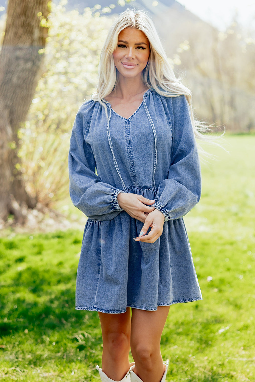 Myosotis Puff Sleeve V Neck Ruffled Loose Denim Mini Dress 🇺🇸