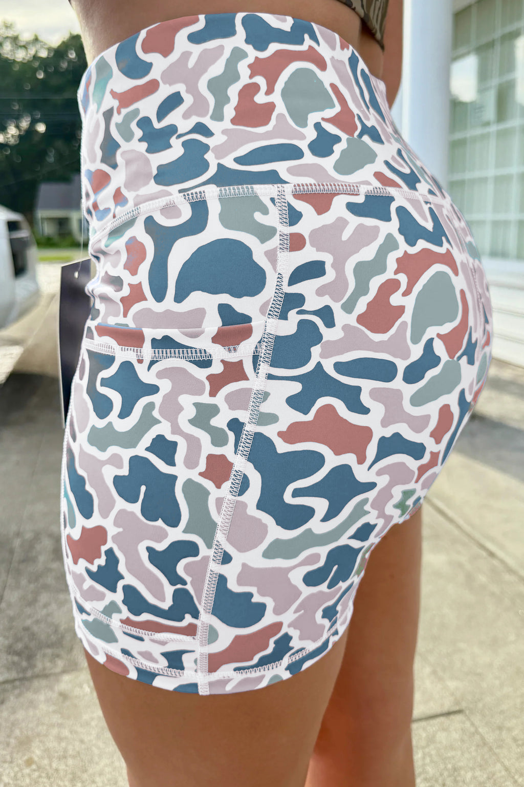 Blue Abstract Camo Printed Seam Detail Biker Shorts 🇺🇸
