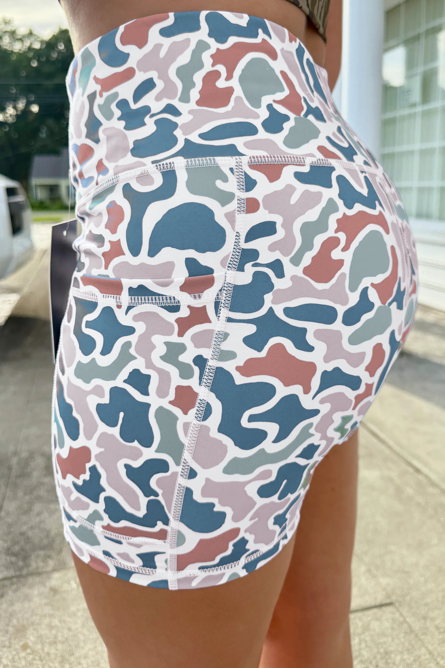 Blue Abstract Camo Printed Seam Detail Biker Shorts 🇺🇸