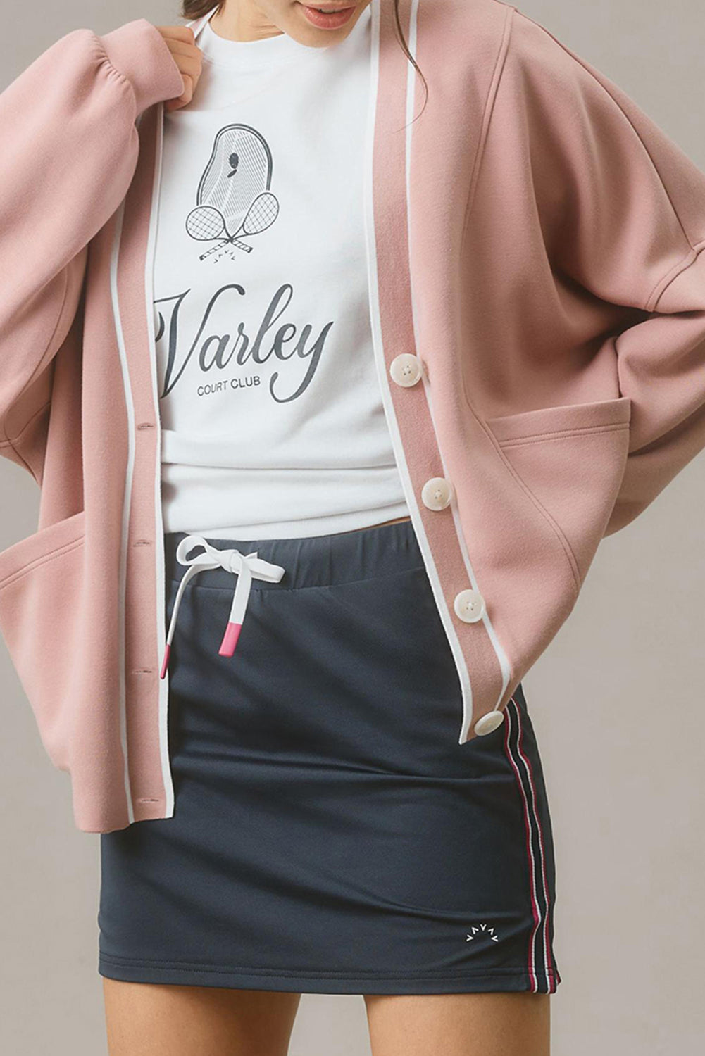 Pink Stripe Contrast Trim V Neck Buttoned Front Pocketed Knit Cardigan 🇺🇲