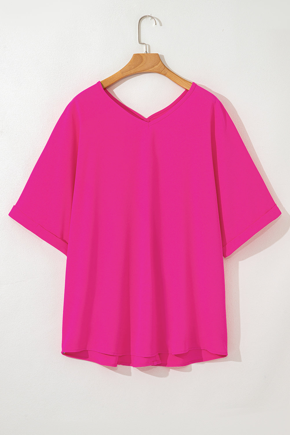 Bright Pink Seamed Back High Low Hem V Neck Cuffed Sleeve Plus Size Tee 🇺🇲