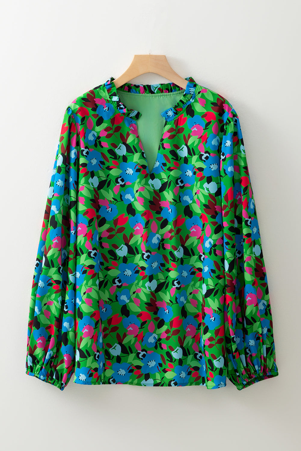 Green Plus Size Floral Bubble Sleeve V Neck Blouse 🇺🇸