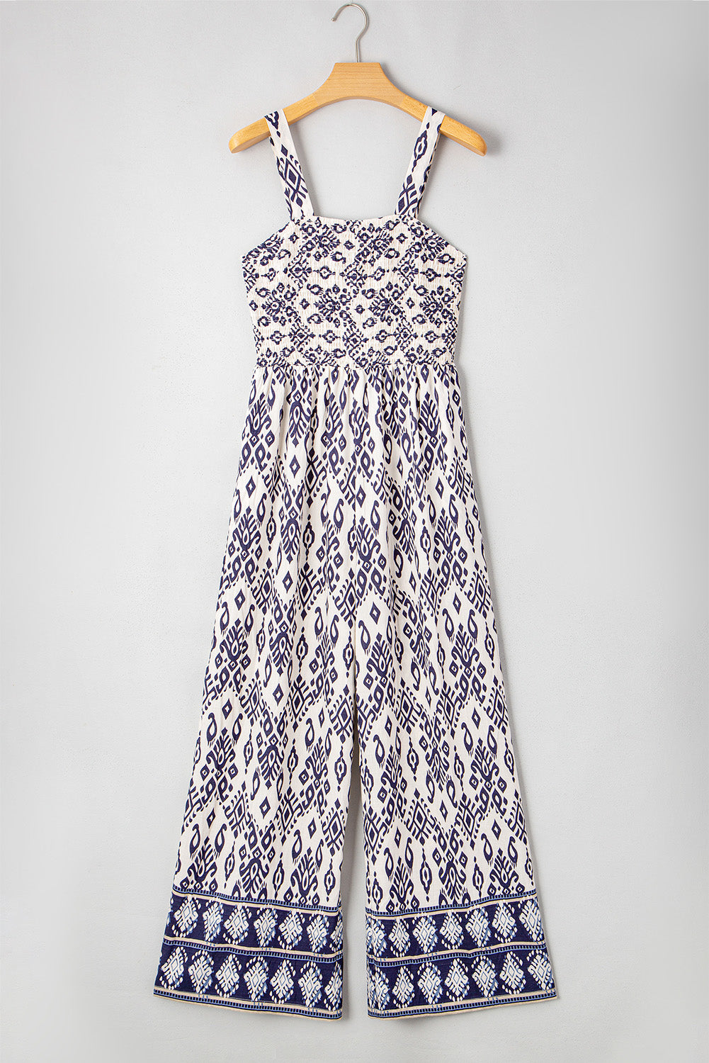 Blue Boho Geometric Print Shirred High Waist Wide Leg Jumpsuit 🇨🇳