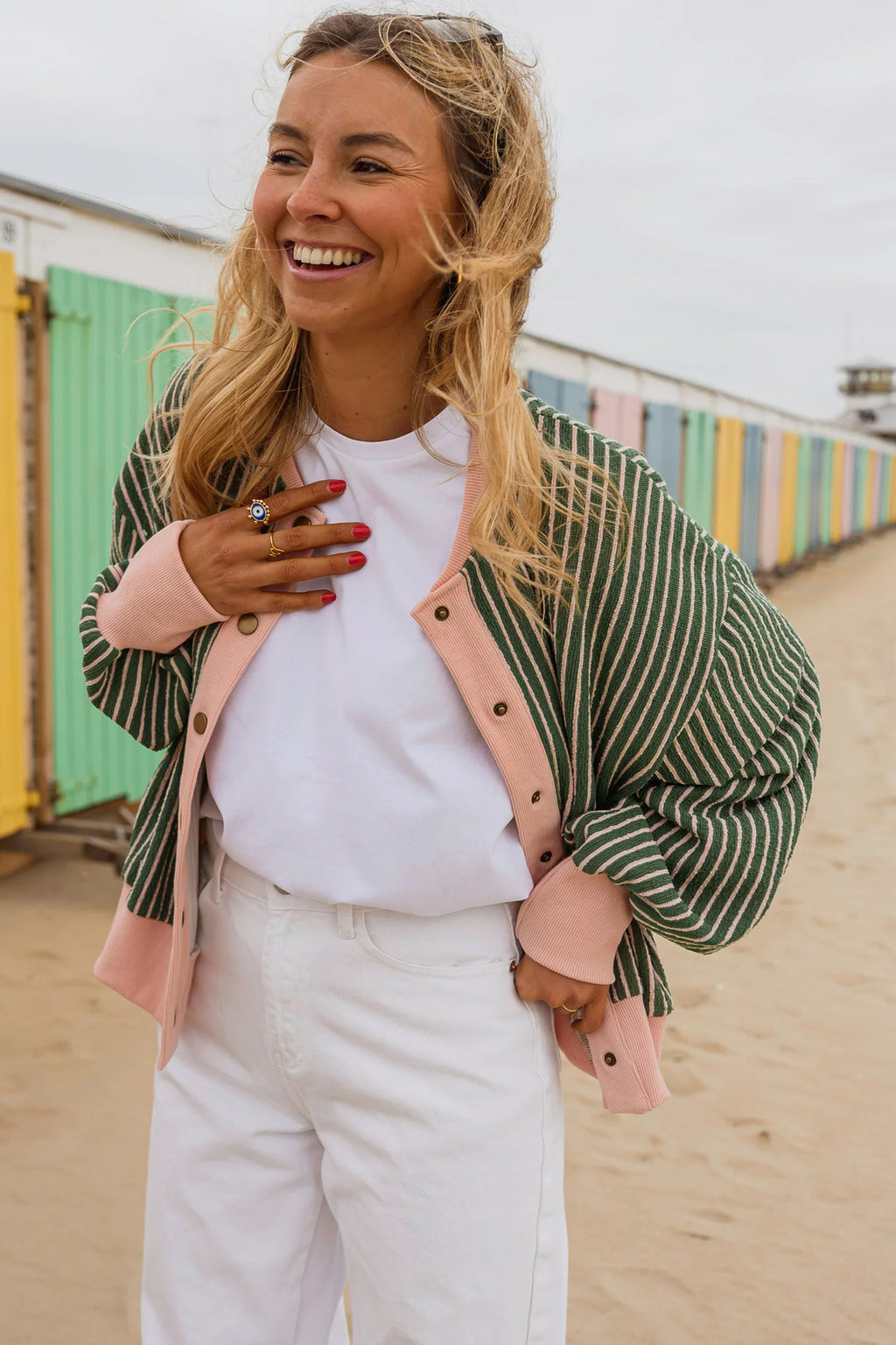 Green Stripe Striped V Neck Patchwork Long Sleeve Regular Fit Cardigan 🇺🇸
