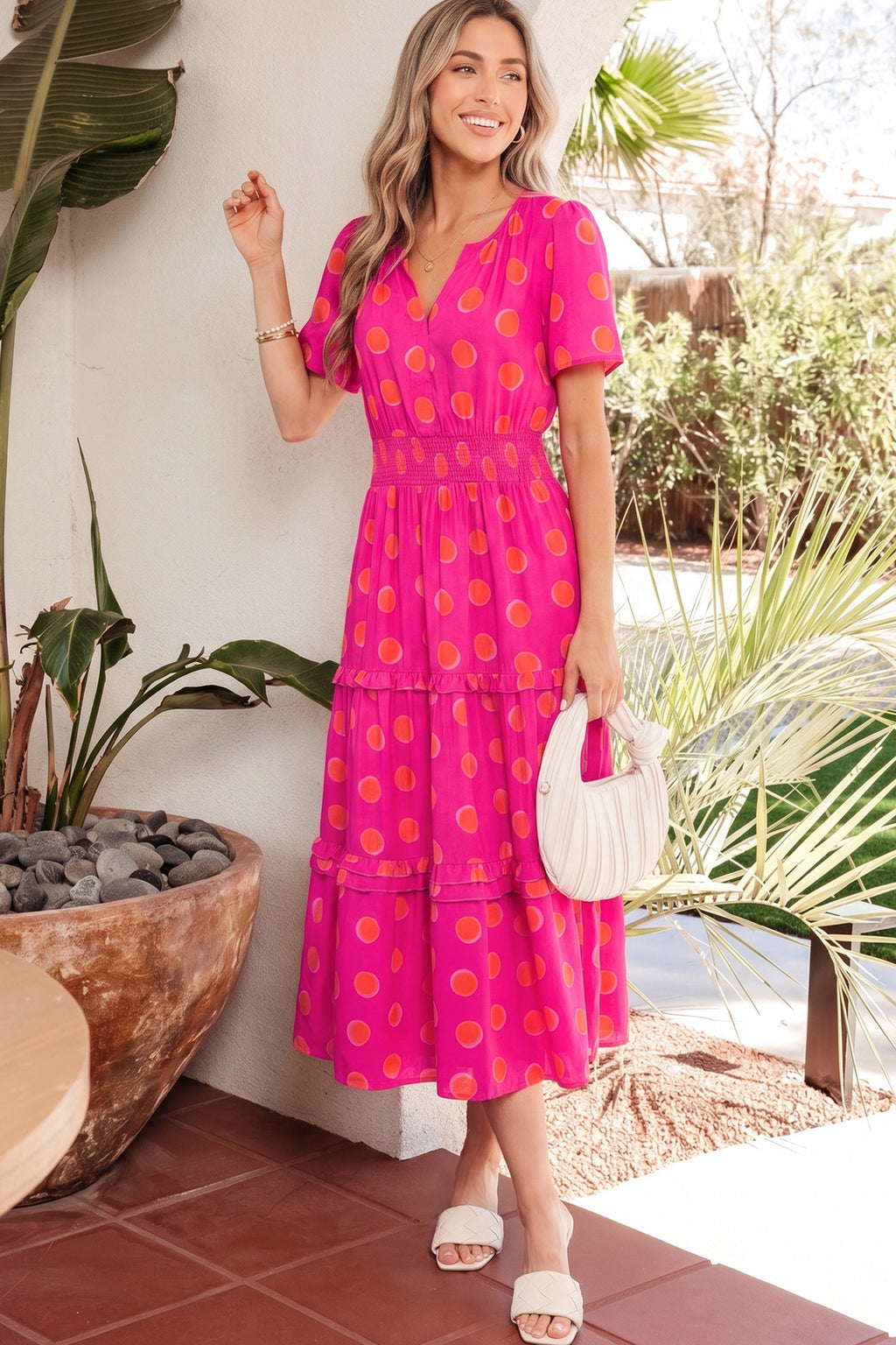 Rose Double Polka Dot Short Sleeve Shirred High Waist Midi Dress 🇺🇸