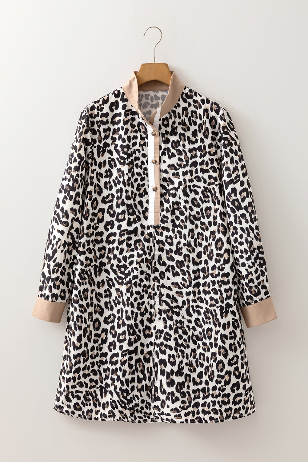 Multicolour Button Striped Collar Leopard Print Long Sleeve Flared Dress 🇺🇸
