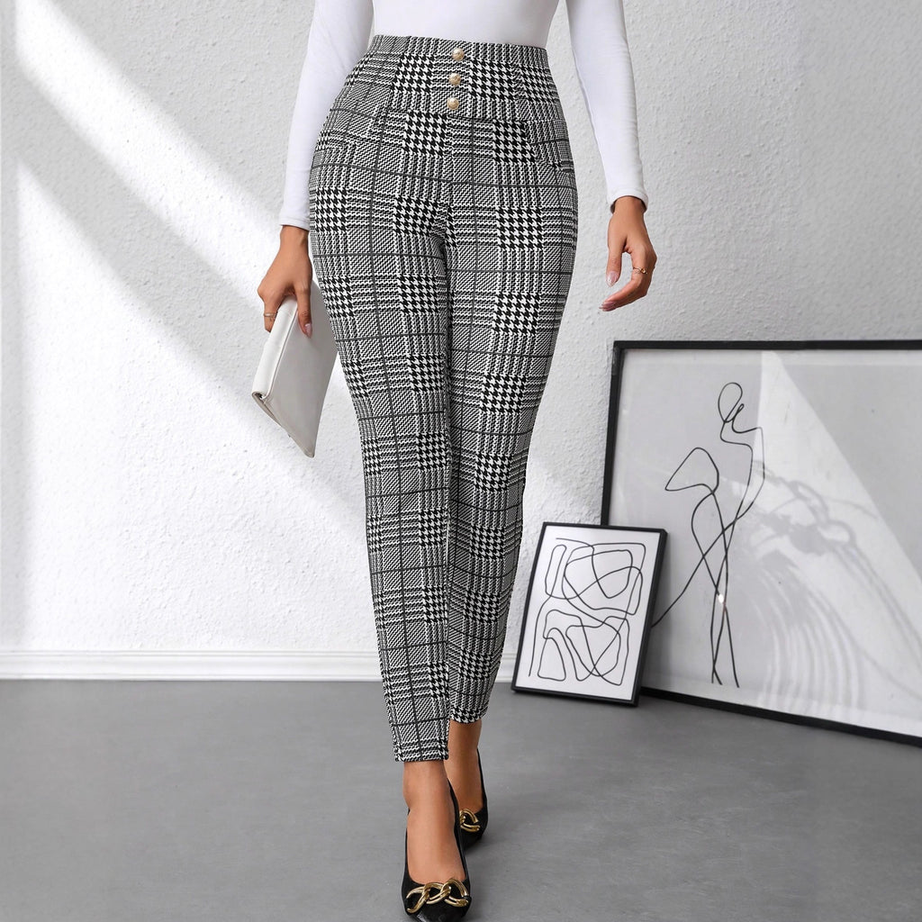 Women's Check Print Button Embellished High-waist Slim-fit Knit Pants 🇨🇳