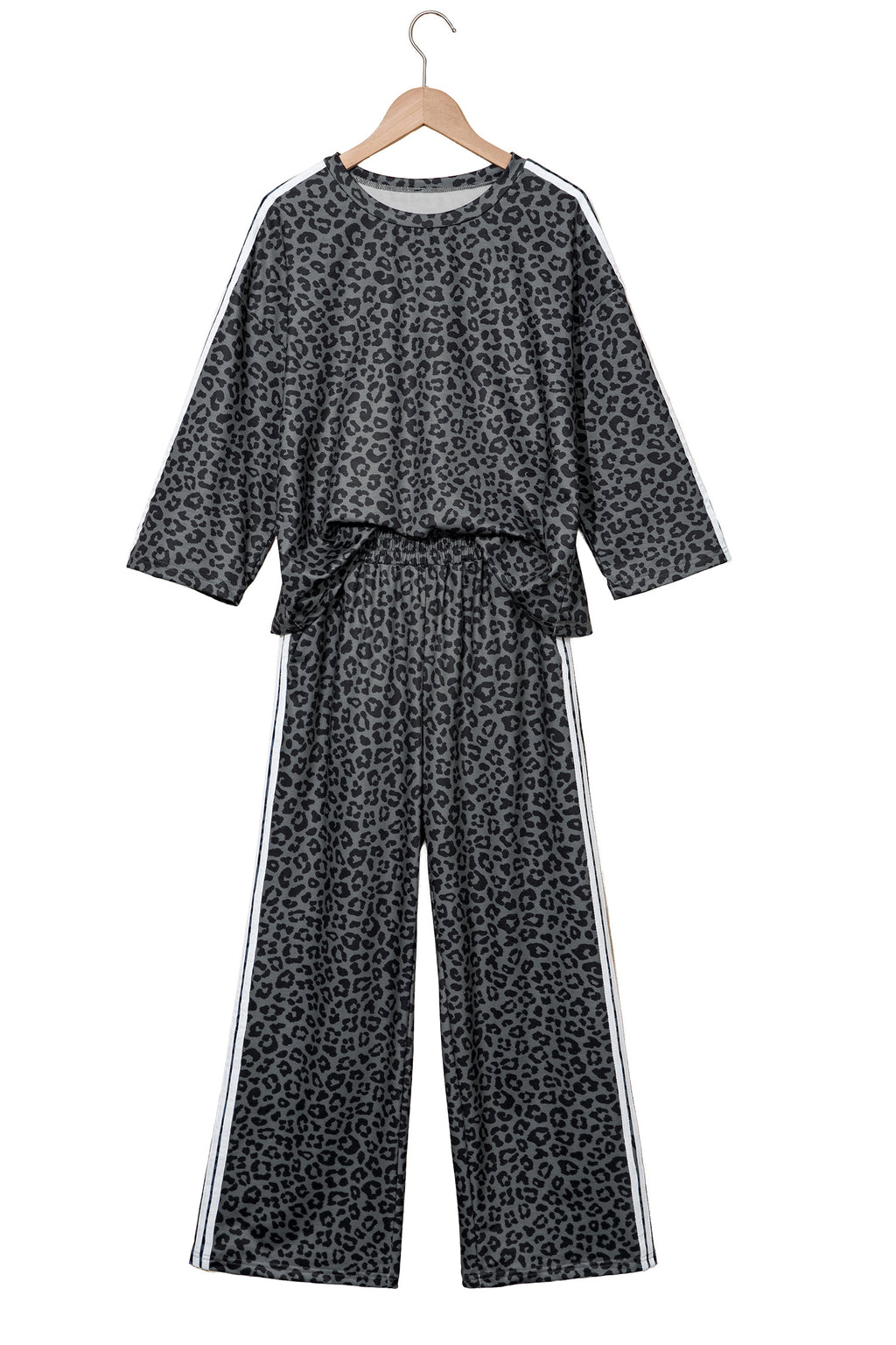 Gray Leopard Print Varsity Striped Detail 3/4 Sleeve Top Shift Pant Set 🇺🇸