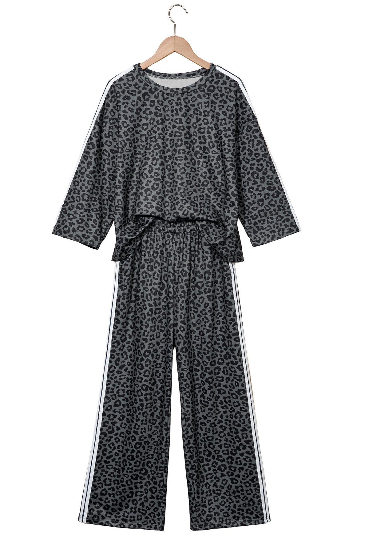 Gray Leopard Print Varsity Striped Detail 3/4 Sleeve Top Shift Pant Set 🇺🇸