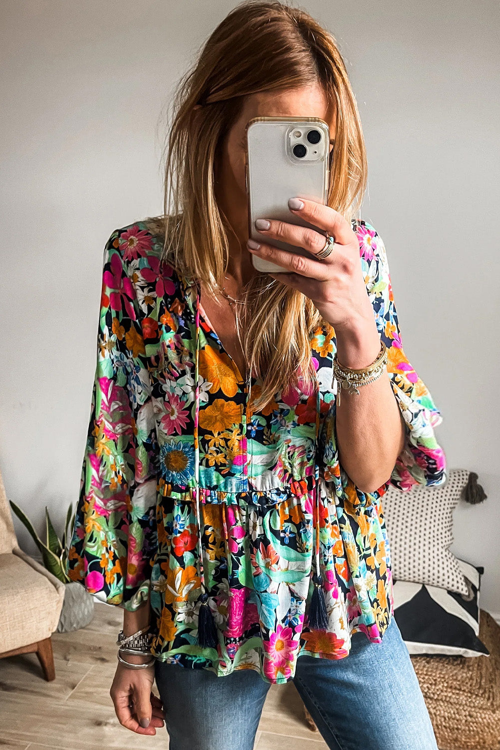 Multicolour Floral Print Bubble Sleeve V Neck Ruffled Blouse 🇺🇸