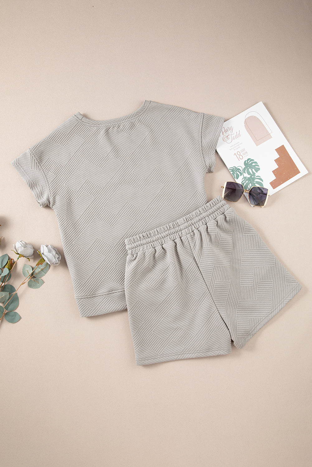 Gray Solid Color Textured Loose Top Casual Two Piece Short Set 🇺🇸