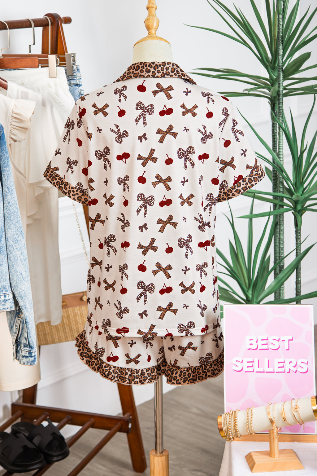 White Chic Bow Cherry Printed Leopard Contrast Patchwork Shirt Drawstring Shorts 2pcs PJ Set 🇺🇸