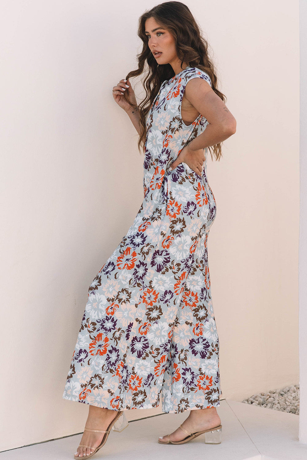 Sky Blue Floral Sleeveless Buttoned Pocketed Wide Leg Jumpsuit 🇺🇸