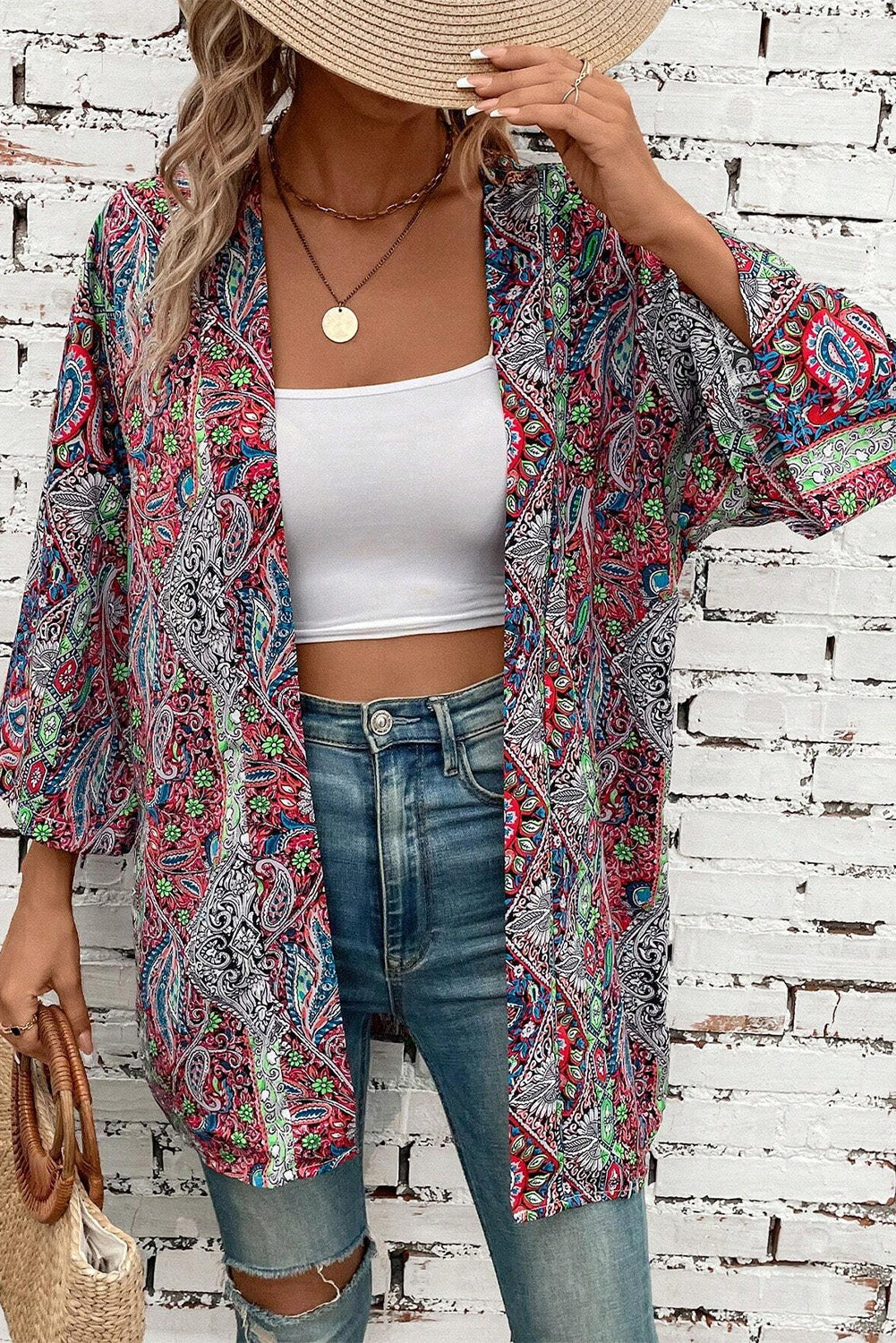 Red Paisley Print Open Front Kimono 🇨🇳