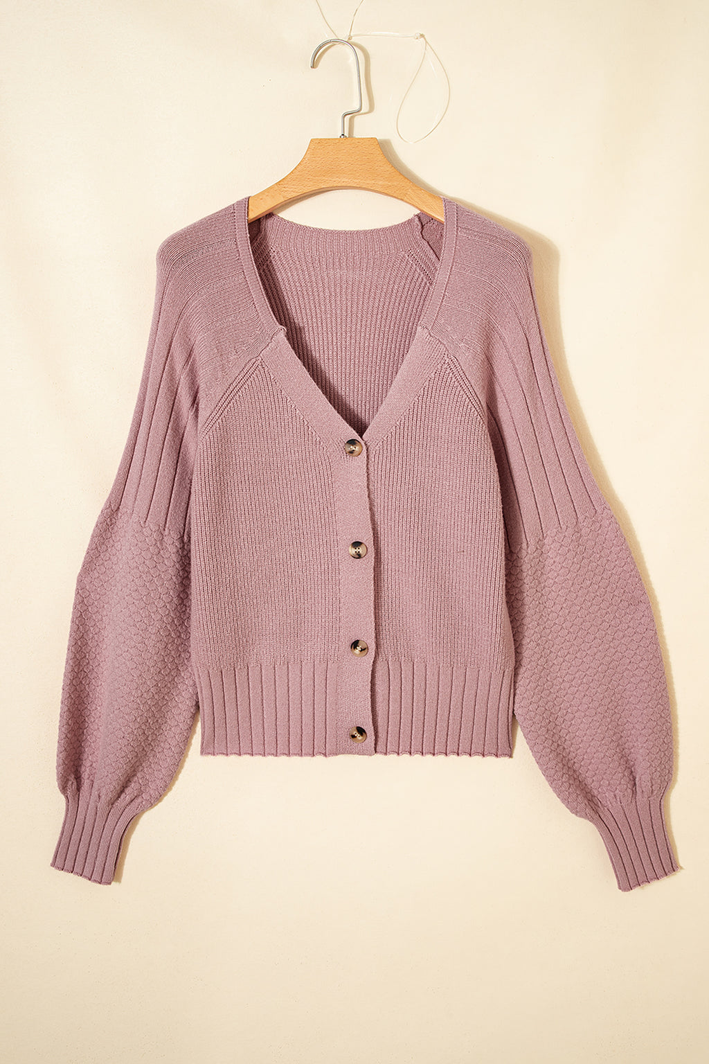 Light Pink Mixed Texture Knit Button V Neck Sweater Cardigan 🇺🇸