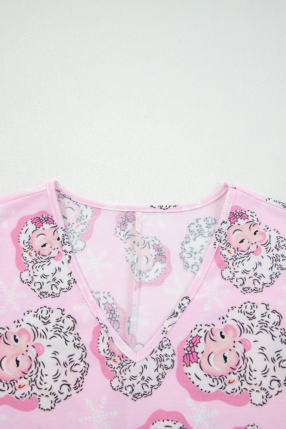 Pink Santa Claus Print V Neck Tee Drawstring Pants 2pcs Lounge Set 🇺🇸