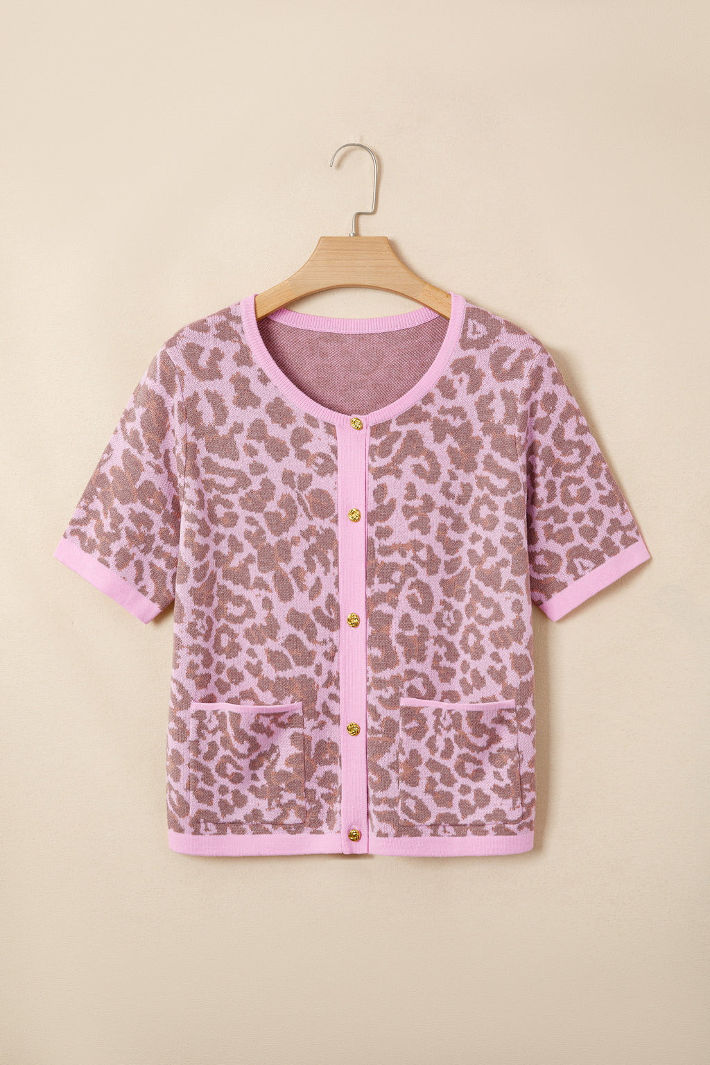 Pink Leopard Button Down Short Sleeve Sweater Cardigan 🇺🇸
