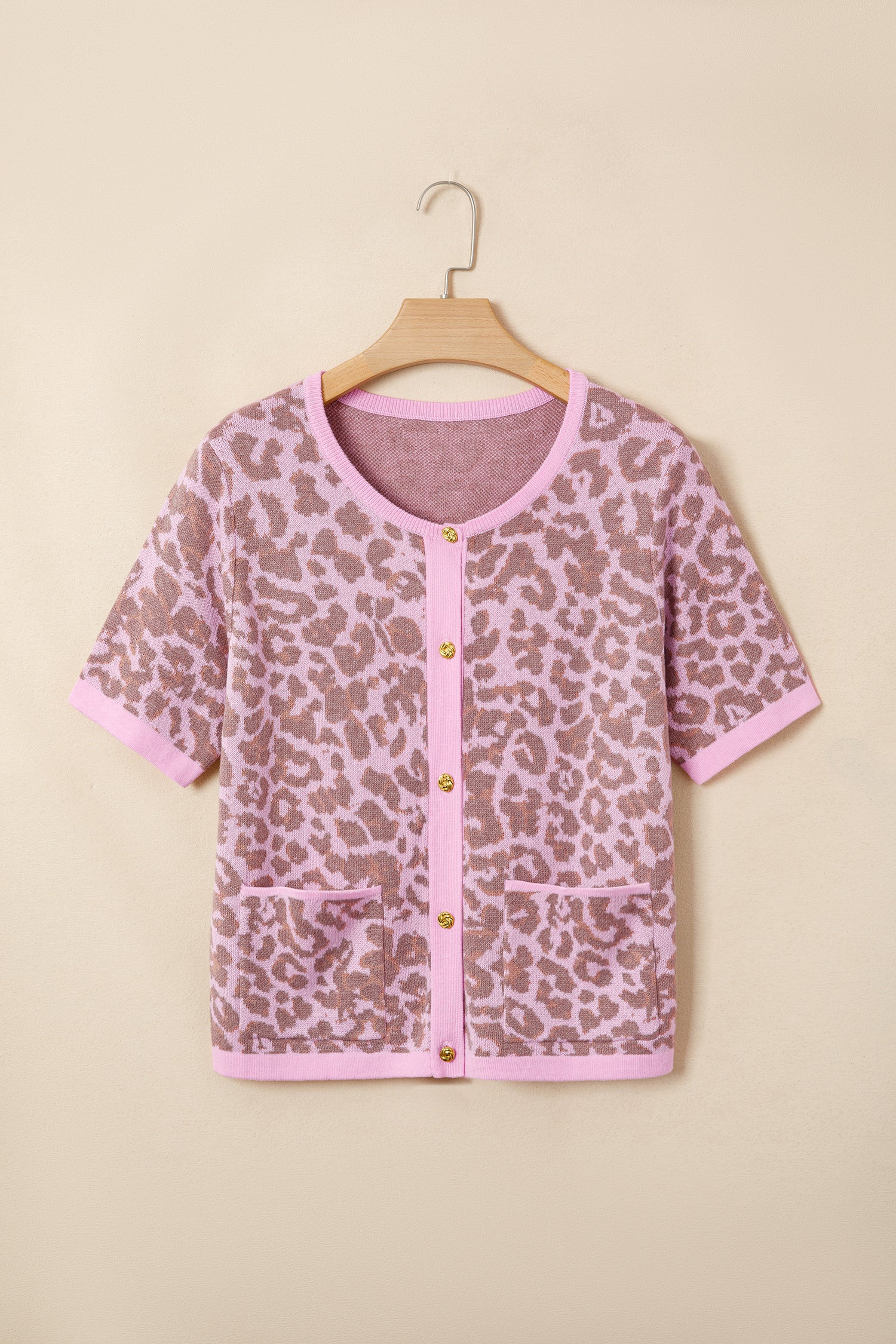 Pink Leopard Button Down Short Sleeve Sweater Cardigan 🇺🇸