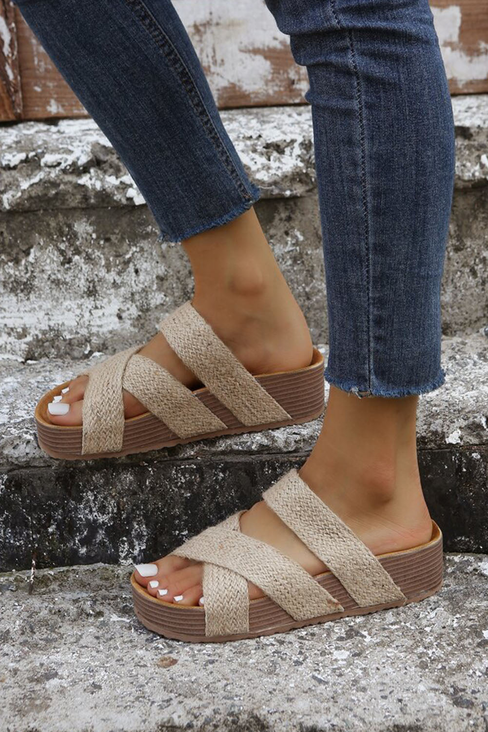 Beige Woven Cross Criss Hollowed Slip-On Slippers 🇨🇳