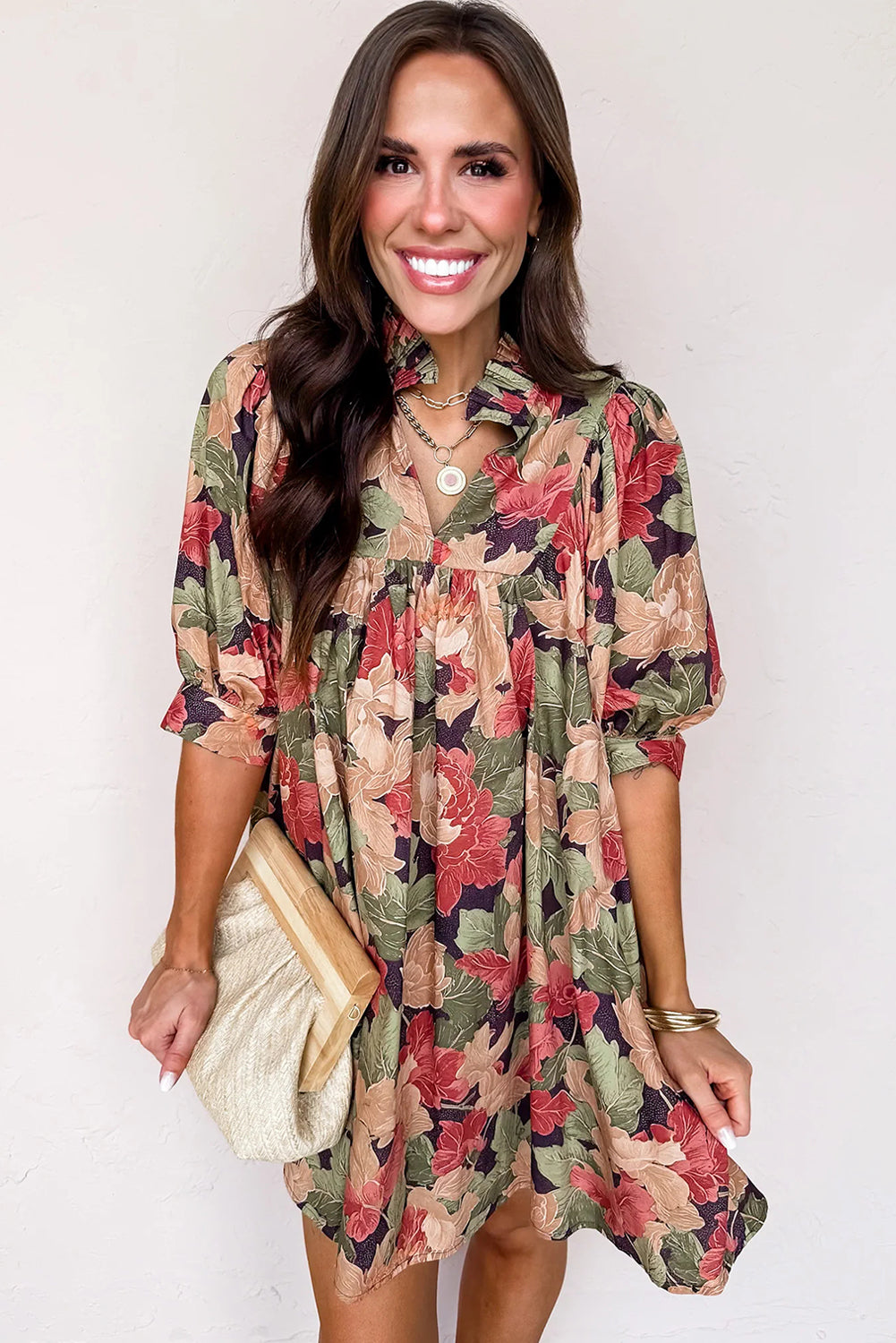 Green Floral Print Frilled Collar V Neck Half Sleeve Mini Dress 🇺🇸