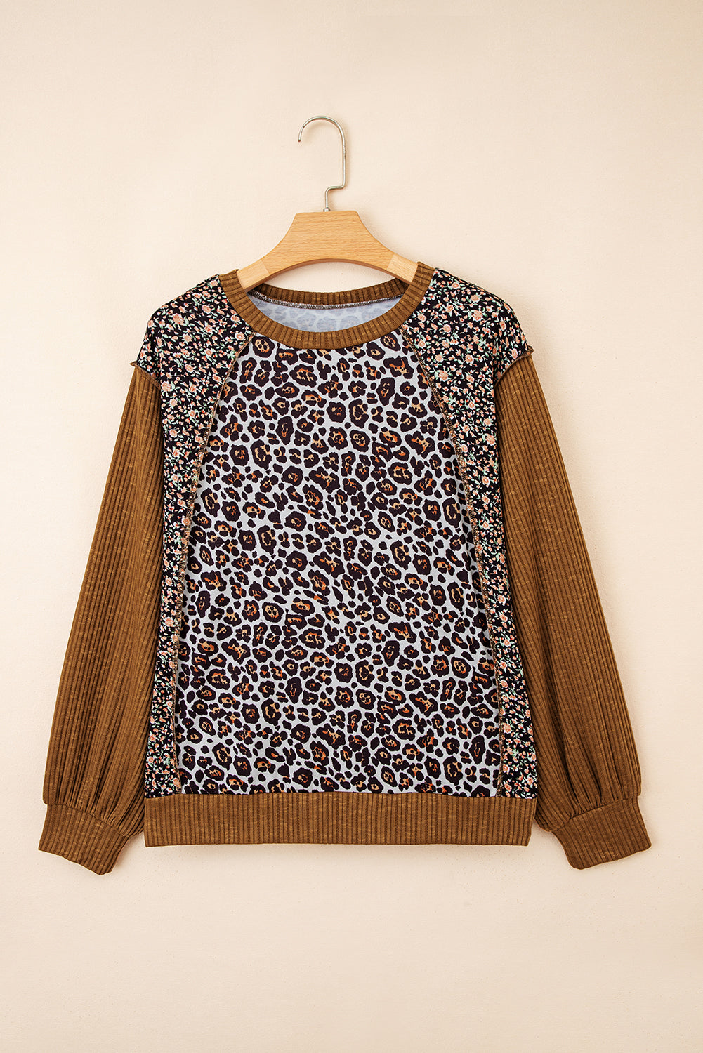 Brown Leopard Floral Print Ribbed Puff Sleeve Patchwork Loose Pullover 🇺🇸