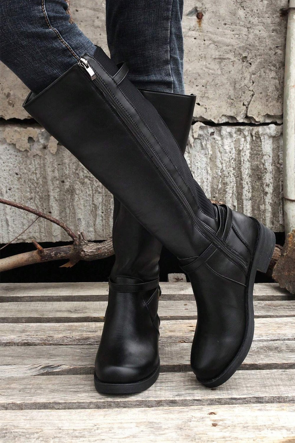 Black Side Zipper Knee High Chunky Low Heel Boots 🇨🇳