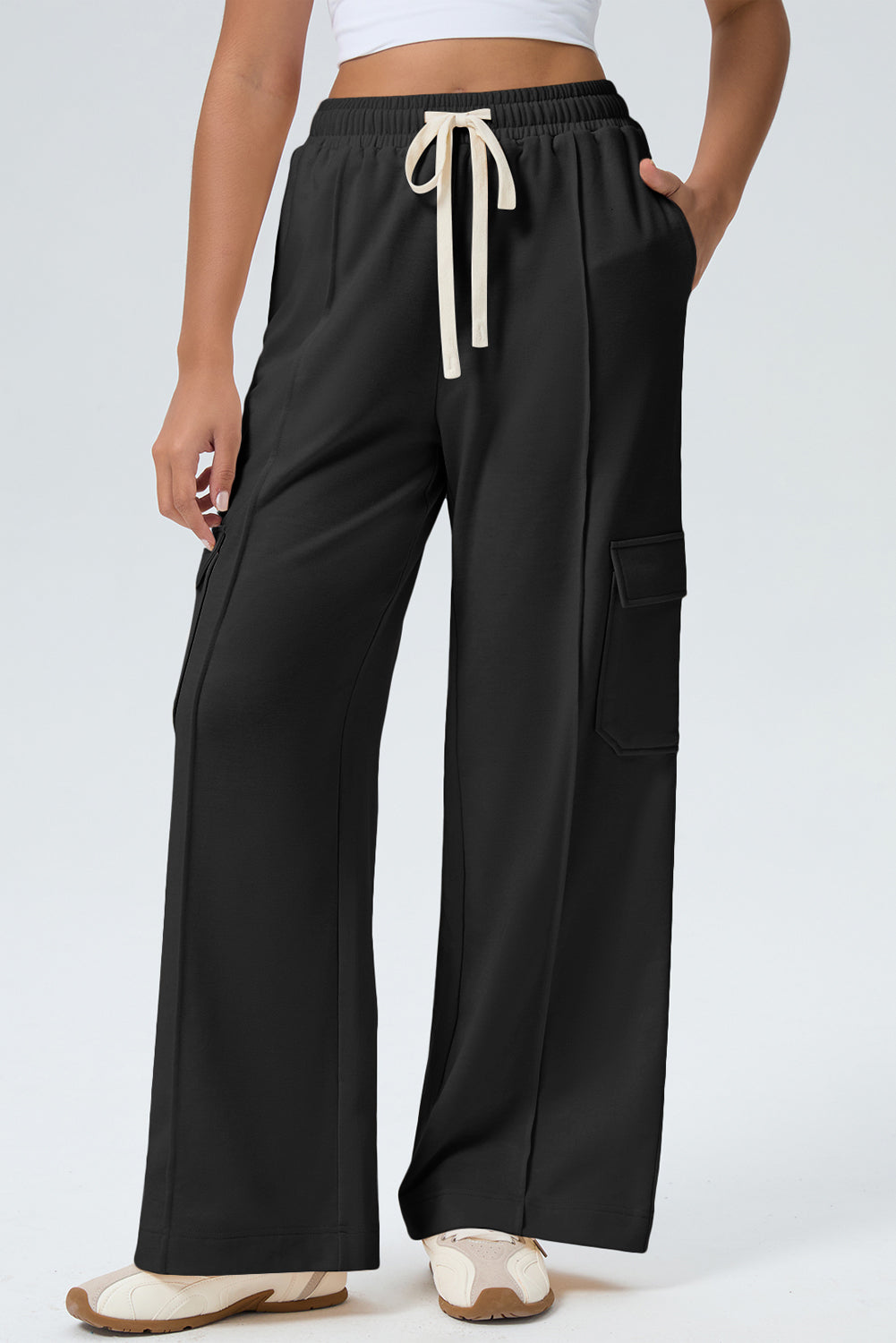 Black Solid Color Drawstring Elastic Waist Cargo Patch Pocket Active Pants 🇺🇸
