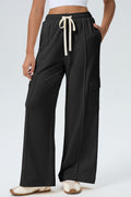 Black Solid Color Drawstring Elastic Waist Cargo Patch Pocket Active Pants 🇺🇸