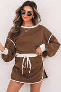 Coffee Color Contrast Loose Pullover and Lace-up Waist Skort Set 🇨🇳